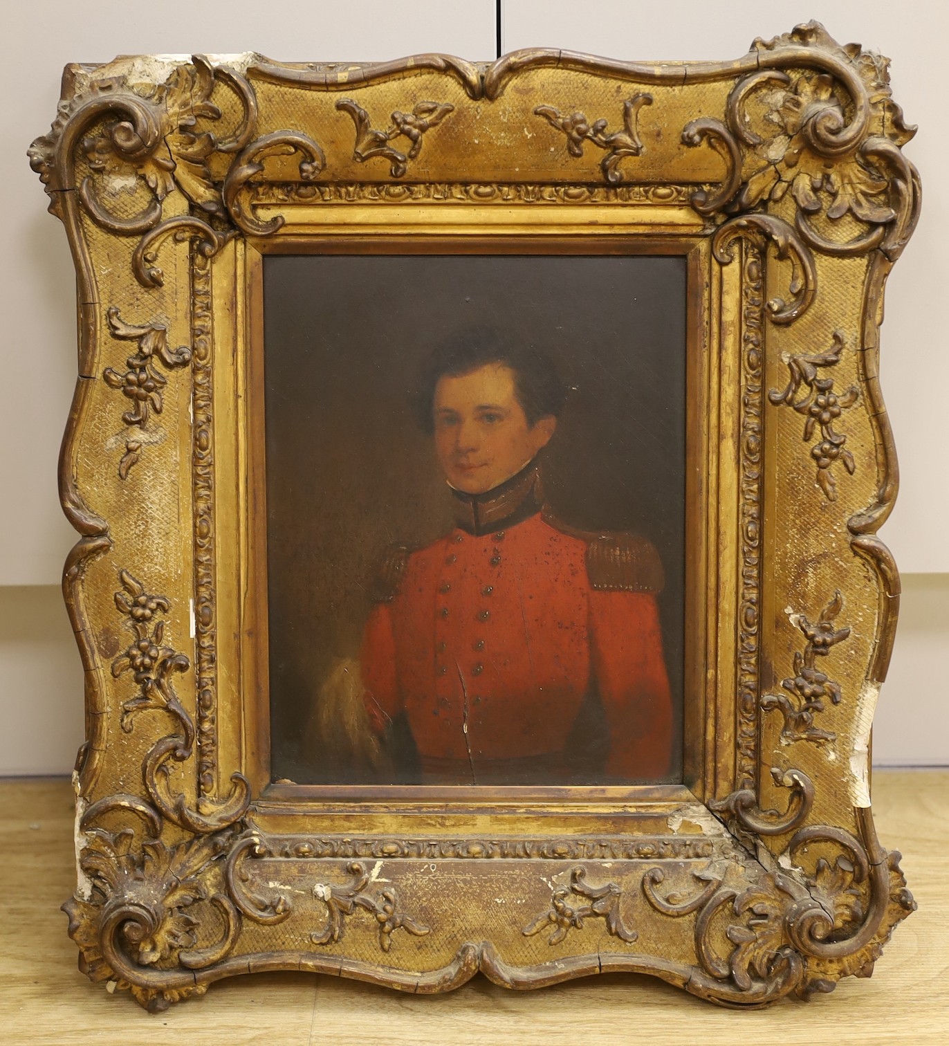 English school, 19th century, oil on board, portrait of a Young army officer, indistinctly inscribed verso Wallace, 23.5 x 18.5cm